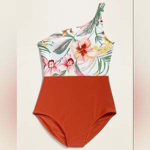 Old Navy One-Shoulder Print/Color Block One-Piece Swimsuit